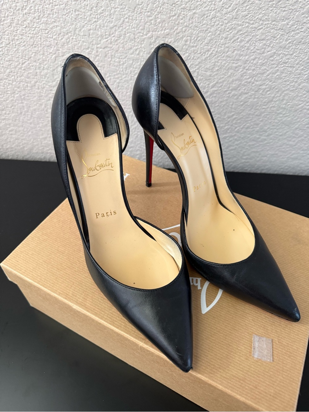 Christian Louboutin Black Leather Pointed Pumps with Red Sole
